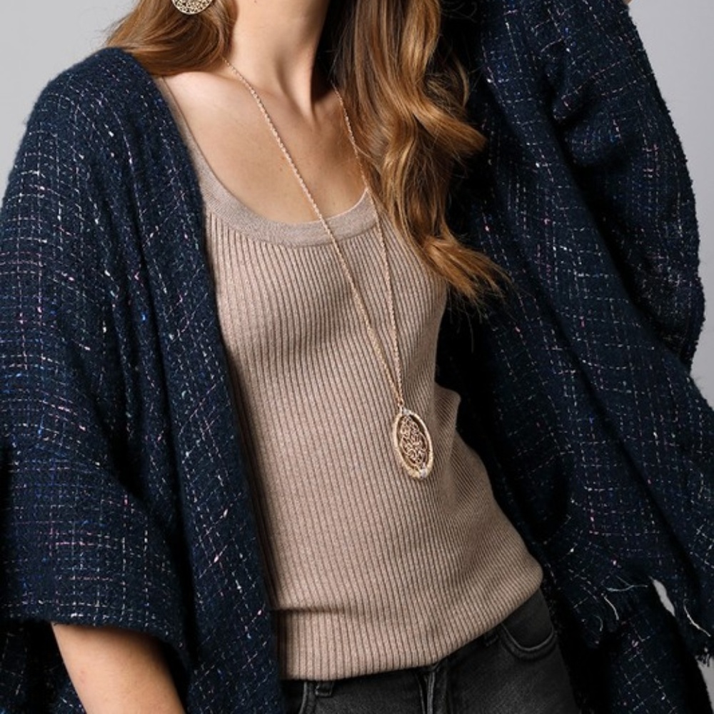 Carissa Navy Metallic Tweed Ruffle Kimono Top - Picture 5 of 7